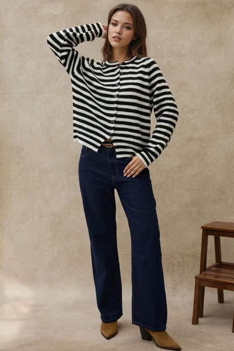 Gestreifter Strick-Cardigan mit Rundhalsausschnitt und weichem Griff - Image 2