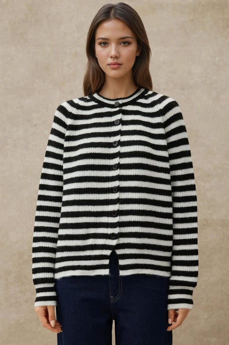 Gestreifter Strick-Cardigan mit Rundhalsausschnitt und weichem Griff - Image 6
