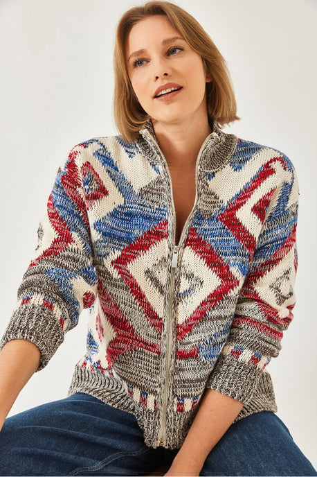Geometrisches Muster Reißverschluss Kragen Cardigan - Image 3