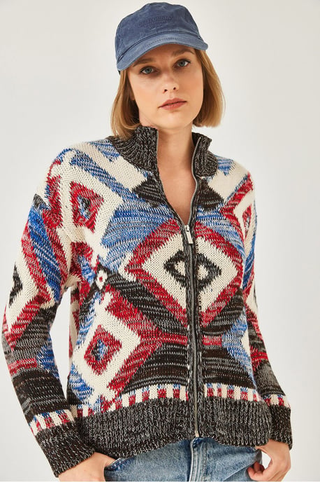 Geometrisches Muster Reißverschluss Kragen Cardigan - Image 3