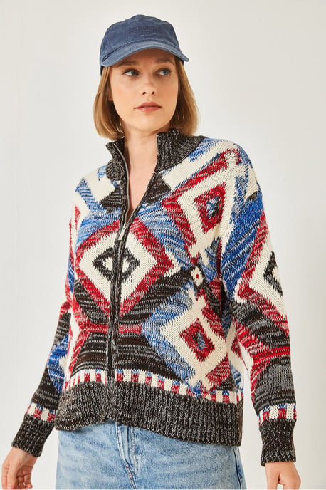 Geometrisches Muster Reißverschluss Kragen Cardigan - Image 4