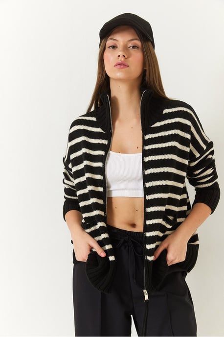 Gestreifter Strick-Cardigan mit Reißverschluss und Taschen - Image 2