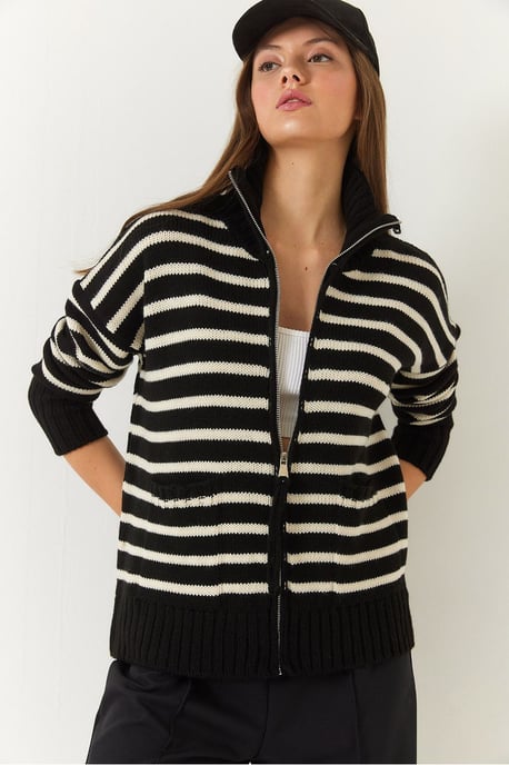 Gestreifter Strick-Cardigan mit Reißverschluss und Taschen - Image 3