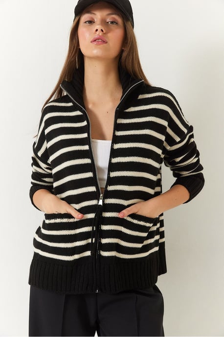 Gestreifter Strick-Cardigan mit Reißverschluss und Taschen - Image 4