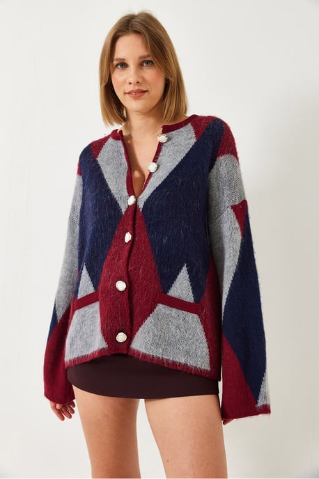 Knopfgeknöpfter geometrischer Muster-Cardigan - Image 2