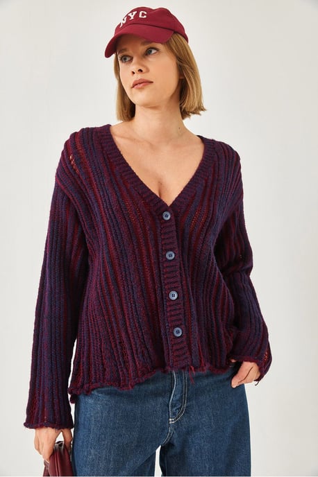 Gestreifter Rippstrick-Cardigan mit V-Ausschnitt - Image 2
