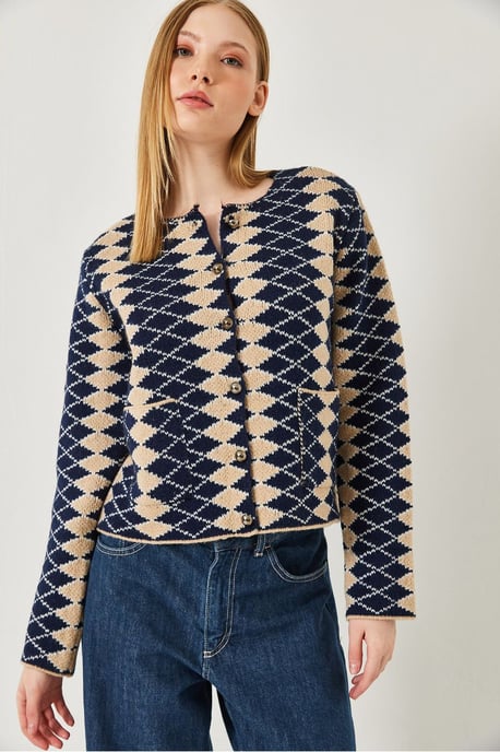 Rippstrukturiertes, gemustertes Kurzes Cardigan mit Knopfverschluss - Image 3