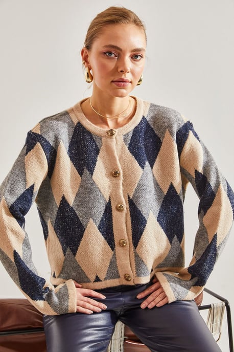 Geometrisches Strick-Button-Up-Crop-Cardigan - Image 2