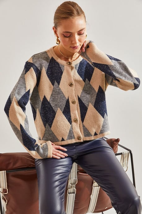 Geometrisches Strick-Button-Up-Crop-Cardigan - Image 3