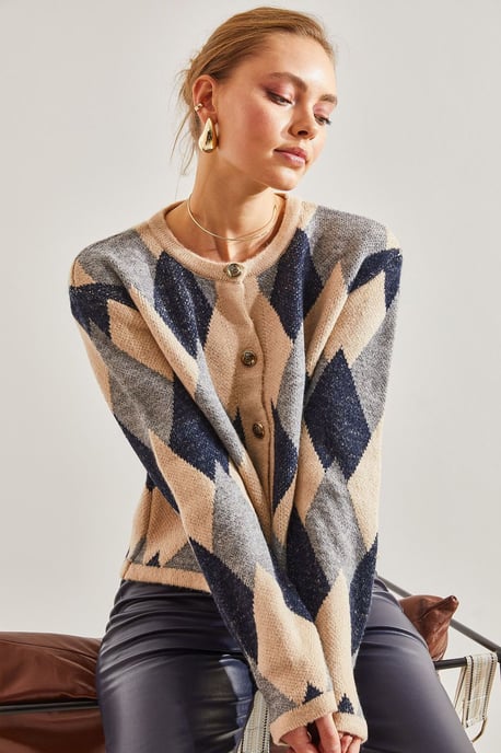 Geometrisches Strick-Button-Up-Crop-Cardigan - Image 4