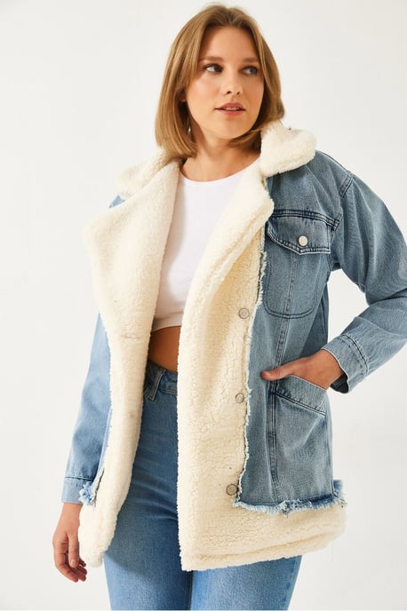 Shawlkragen-Jeansjacke mit Kunstfell - Image 1