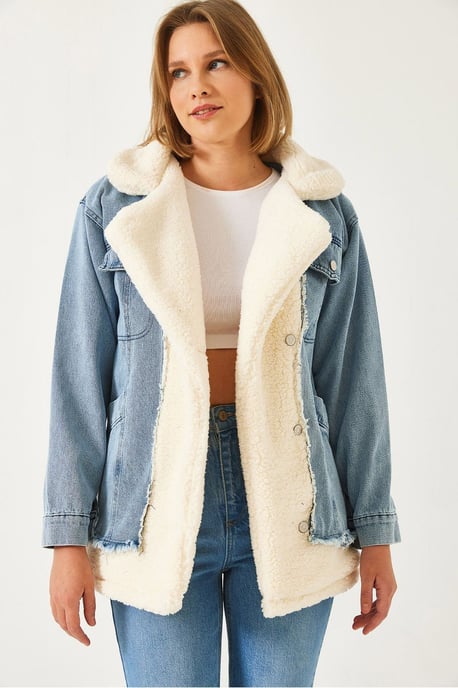 Shawlkragen-Jeansjacke mit Kunstfell - Image 2