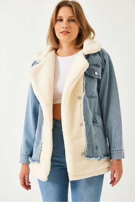 Shawlkragen-Jeansjacke mit Kunstfell - Image 3