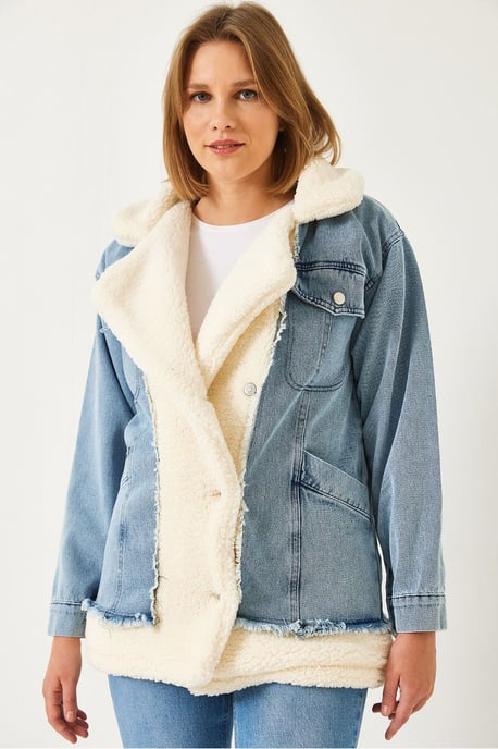 Shawlkragen-Jeansjacke mit Kunstfell - Image 4