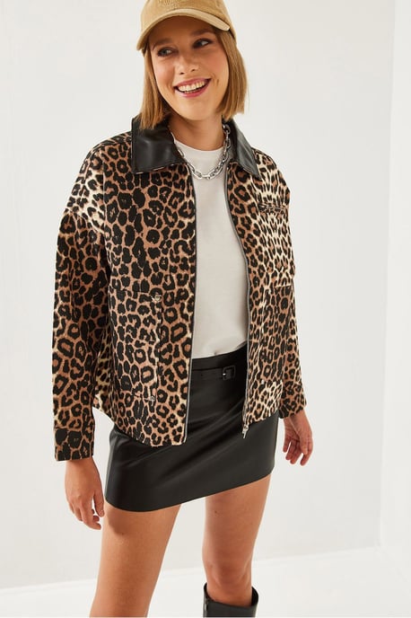 Leopard-Print Kunstlederjacke mit Pompom - Image 2