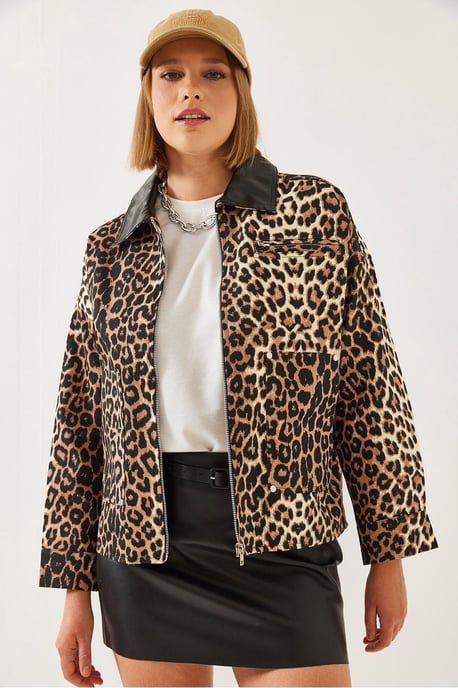 Leopard-Print Kunstlederjacke mit Pompom - Image 3