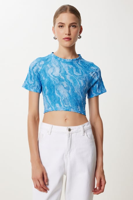 Abstraktes Druck Kurzarm Slim Fit Crop-Bluse - Image 2