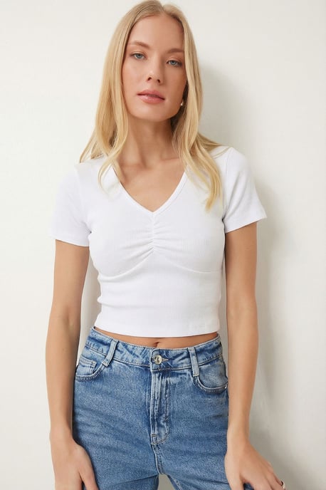 V-Ausschnitt Rippen Crop Top - Image 2