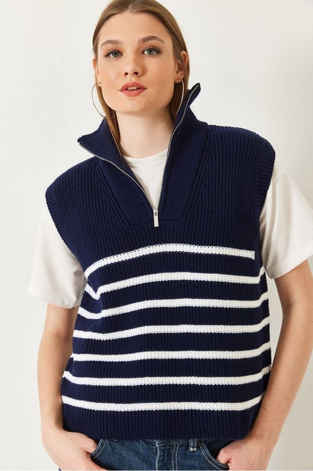 Gestreifter Strickpullover mit Reißverschluss-Kragen - Image 1