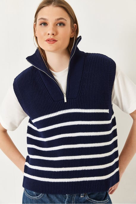 Gestreifter Strickpullover mit Reißverschluss-Kragen - Image 2