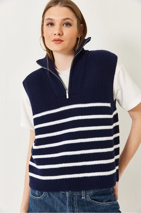 Gestreifter Strickpullover mit Reißverschluss-Kragen - Image 4