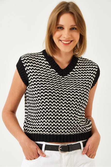 Zebra-Muster V-Ausschnitt Ärmelloser Crop Sweater-Weste - Image 1