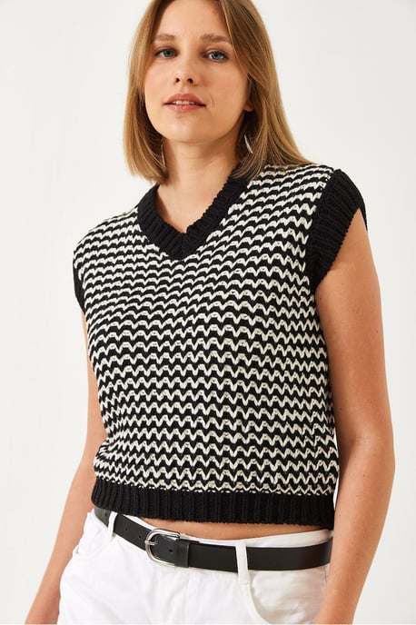 Zebra-Muster V-Ausschnitt Ärmelloser Crop Sweater-Weste - Image 3