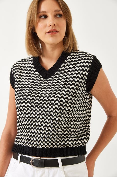 Zebra-Muster V-Ausschnitt Ärmelloser Crop Sweater-Weste - Image 4