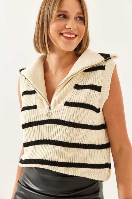 Gestreifter Strickpullover mit Reißverschluss-Kragen - Image 3