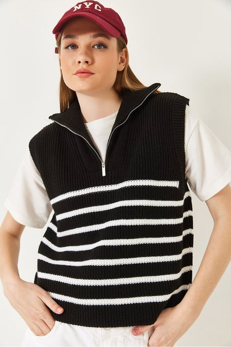 Gestreifter Strickpullover-Weste mit Reißverschlusskragen - Image 1