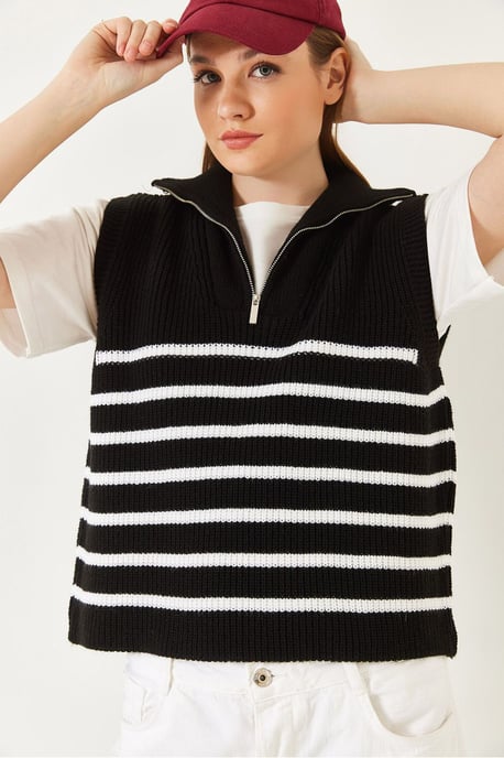 Gestreifter Strickpullover-Weste mit Reißverschlusskragen - Image 2