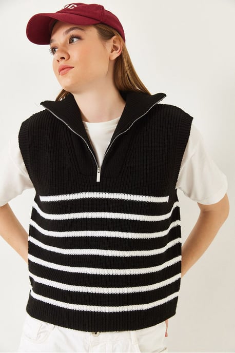 Gestreifter Strickpullover-Weste mit Reißverschlusskragen - Image 3