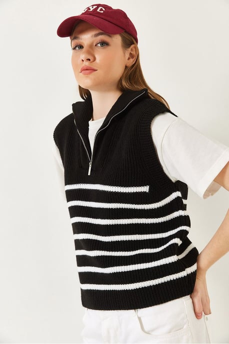 Gestreifter Strickpullover-Weste mit Reißverschlusskragen - Image 4