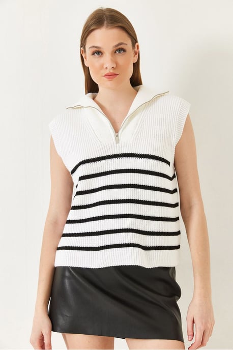 Gestreifter Strickpullover-Weste mit Reißverschlusskragen - Image 2