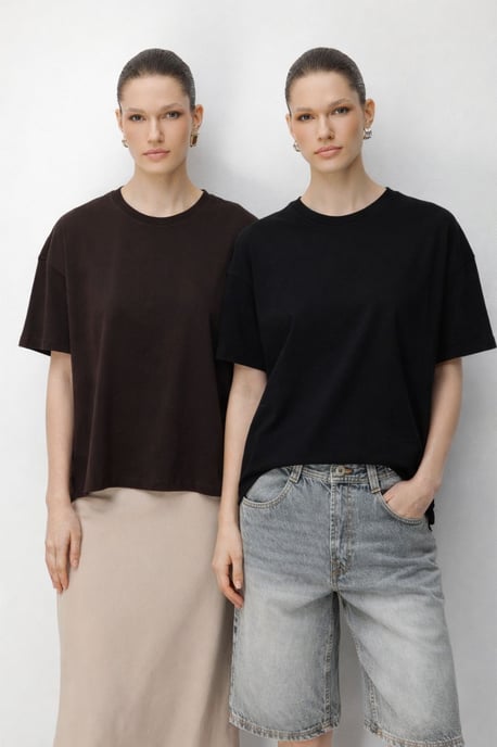 Übergroßes Rippstrick Crew-Neck Zwei-Teile T-Shirt Set - Image 1