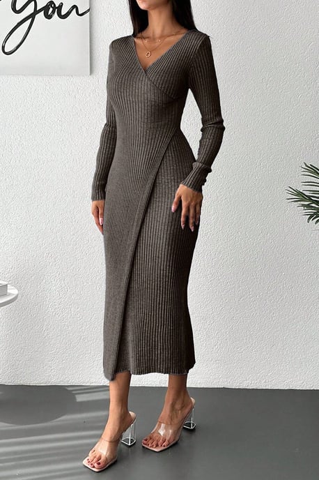 Rippoptik Bootsausschnitt Bodycon Midi-Kleid - Image 1