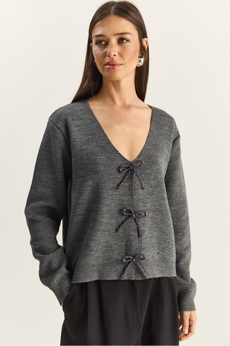 Button Detail Strick V-Ausschnitt Cardigan - Image 1