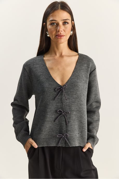 Button Detail Strick V-Ausschnitt Cardigan - Image 2