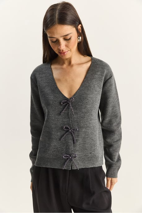 Button Detail Strick V-Ausschnitt Cardigan - Image 3