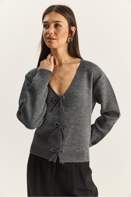 Button Detail Strick V-Ausschnitt Cardigan - Image 4