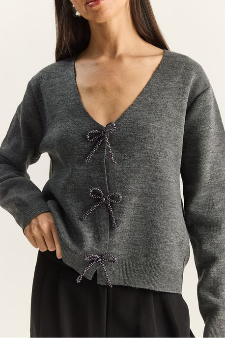 Button Detail Strick V-Ausschnitt Cardigan - Image 6
