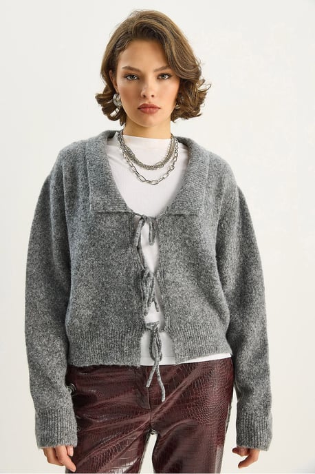Oversized V-Ausschnitt mit Bindedetail Rippstrick-Cardigan - Image 2