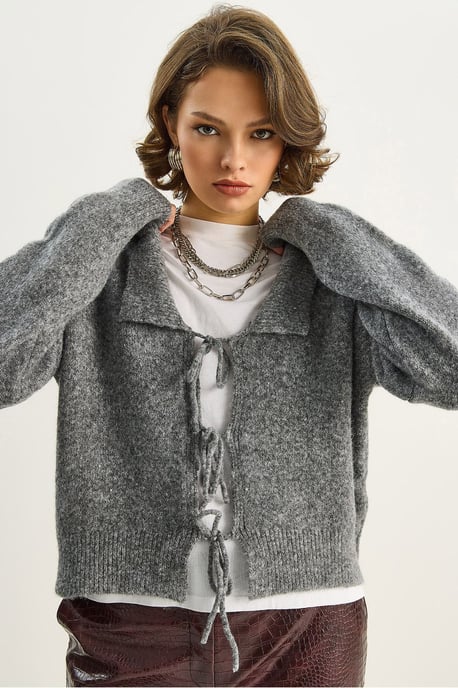 Oversized V-Ausschnitt mit Bindedetail Rippstrick-Cardigan - Image 3