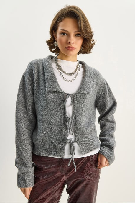 Oversized V-Ausschnitt mit Bindedetail Rippstrick-Cardigan - Image 5