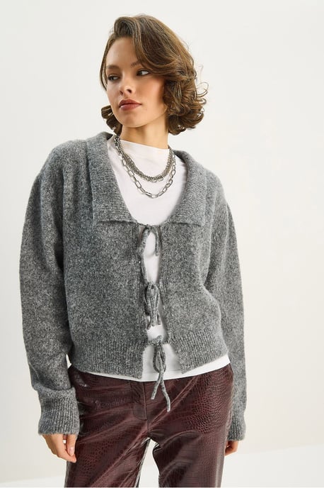 Oversized V-Ausschnitt mit Bindedetail Rippstrick-Cardigan - Image 6