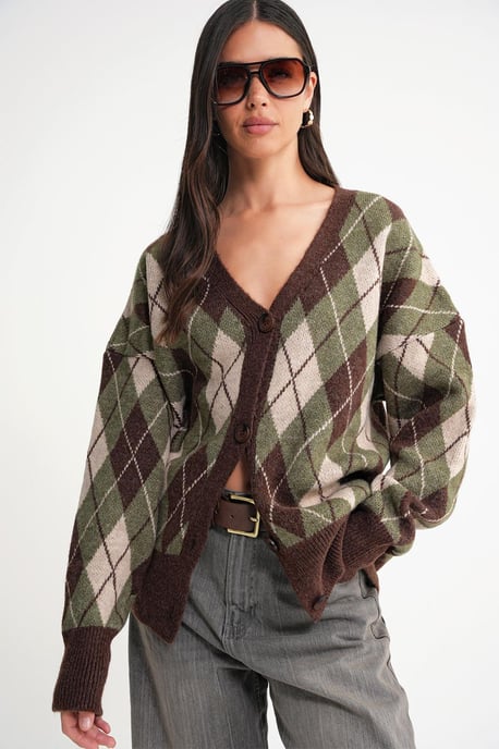 Oversize Argyle V-Ausschnitt Knopf-Cardigan - Image 1