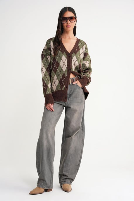 Oversize Argyle V-Ausschnitt Knopf-Cardigan - Image 2