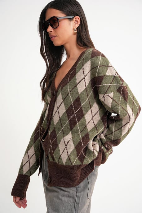 Oversize Argyle V-Ausschnitt Knopf-Cardigan - Image 4
