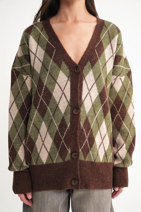 Oversize Argyle V-Ausschnitt Knopf-Cardigan - Image 6