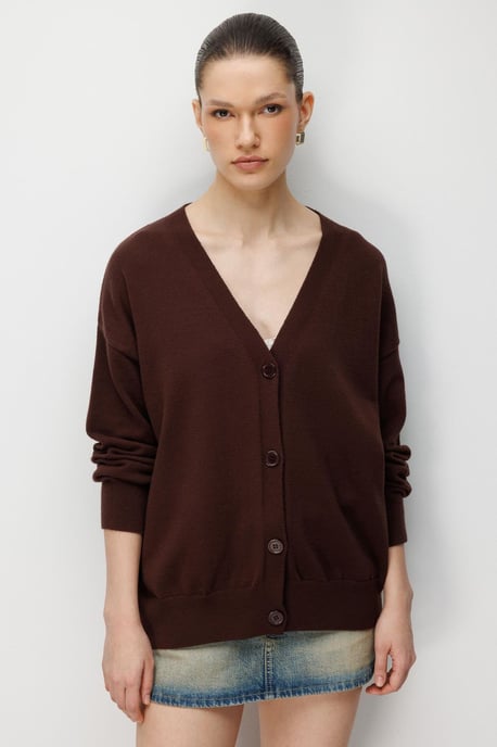 Langer Rippstrick-Cardigan mit V-Ausschnitt und Knopfverschluss - Image 1